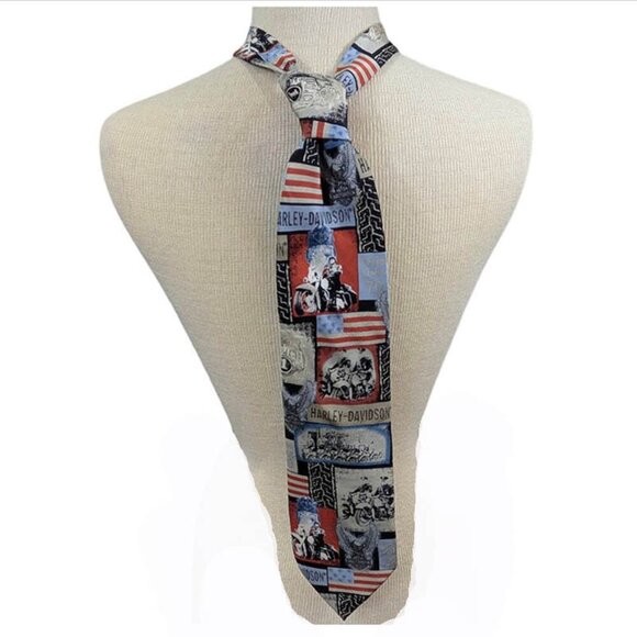 Harley Davidson Mens Tie 100% Silk Ralph Marlin AOP American Flag USA Motorcycle - Picture 1 of 6
